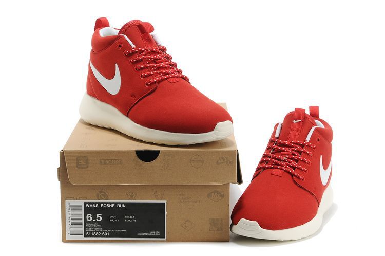 Nike Roshe Run High Red White Shoes - Click Image to Close