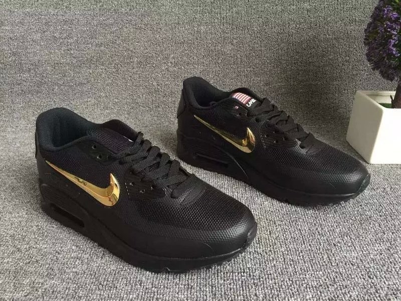 2016 Nike Air Max 90 Electroplating Swoosh All Black Gold Shoes