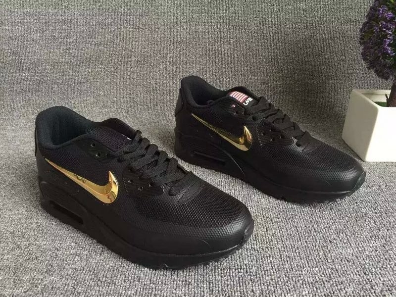 2016 Nike Air Max 90 Electroplating Swoosh All Black Gold Shoes - Click Image to Close