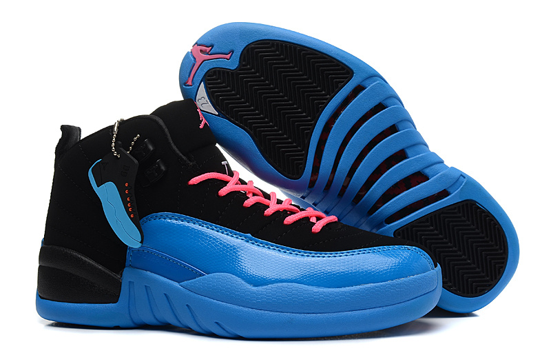 Girls Air Jordan 12 GS Black Blue Pink For Womens Onlline For Sale - Click Image to Close