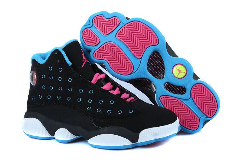 Girls Air Jordan 13 Black Dynamic Blue Pink - Click Image to Close