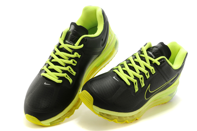 Men Nike Air Max 2013 Black Fluorscent Green Running Shoes