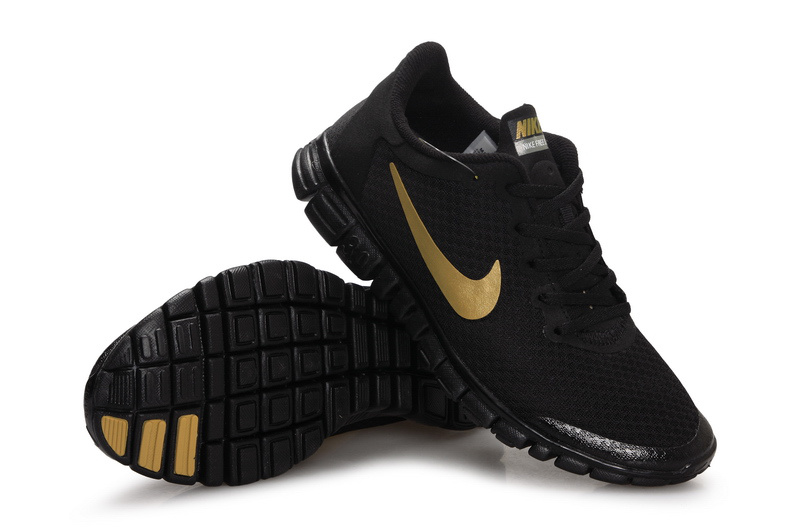 Latest Nike Free 3.0 All Black Gold Swoosh Shoes