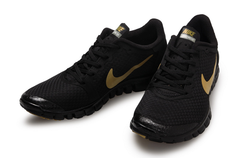 Latest Nike Free 3.0 All Black Gold Swoosh Shoes
