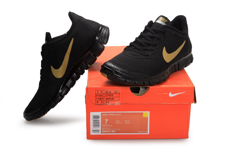 Latest Nike Free 3.0 All Black Gold Swoosh Shoes