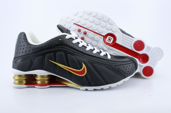 Men's Nike Shox R4 Black Gold Red Shoes - Click Image to Close