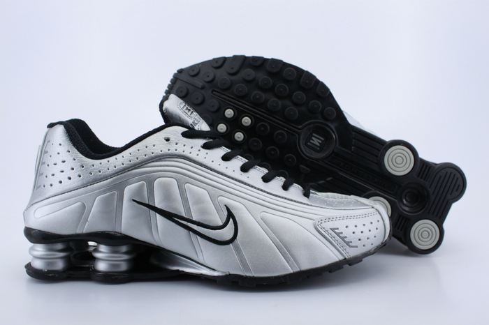 Men's Nike Shox R4 Silver Black Shoes - Click Image to Close
