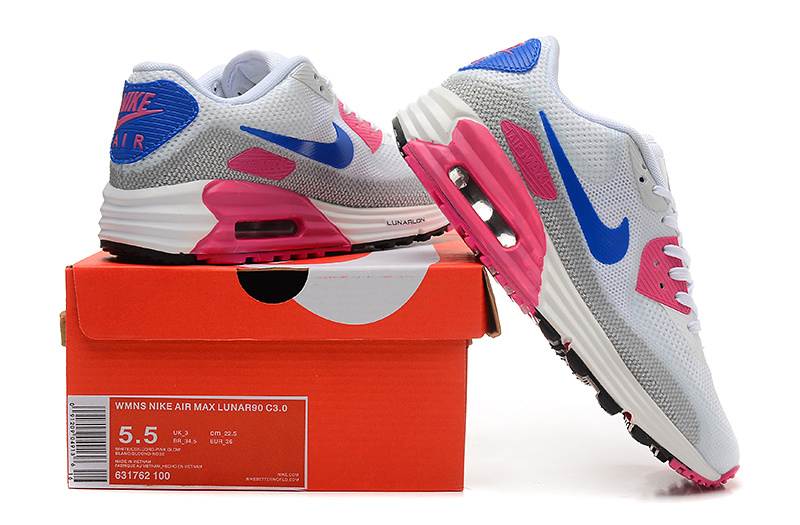 Women Nike Air Max 25 Anniversary Lunar90 C3 White Grey Pink Blue - Click Image to Close