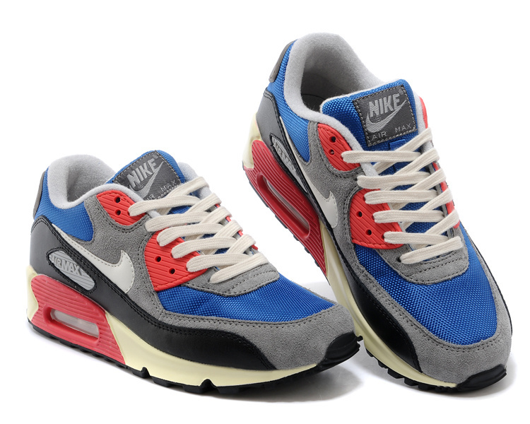 Nike Air Max 90 Blue Grey Red White For Women - Click Image to Close