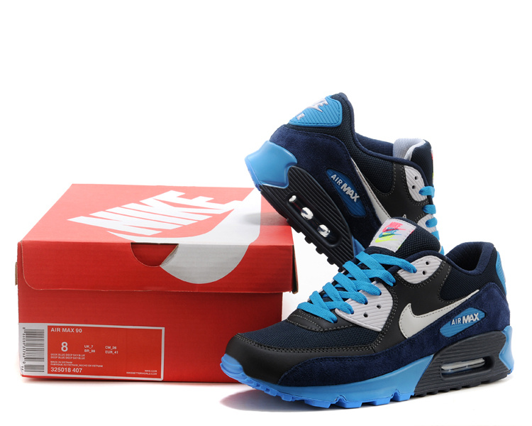 Nike Air Max 90 Men Black Dark Blue White Shoes - Click Image to Close