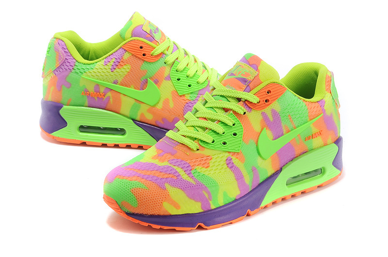 Women Nike Air Max 90 Rubber Patch 2 Camouflage Green Orange Purple - Click Image to Close