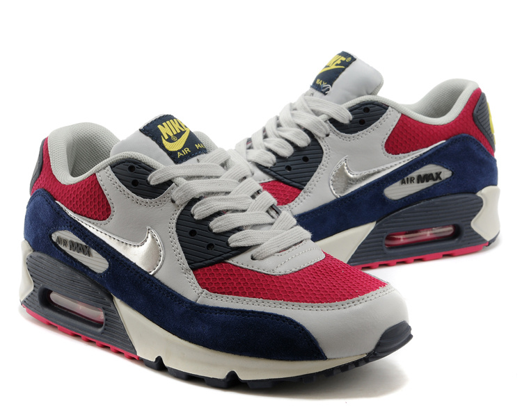 Nike Air Max 90 Women Grey Red Blue Black Shoes - Click Image to Close