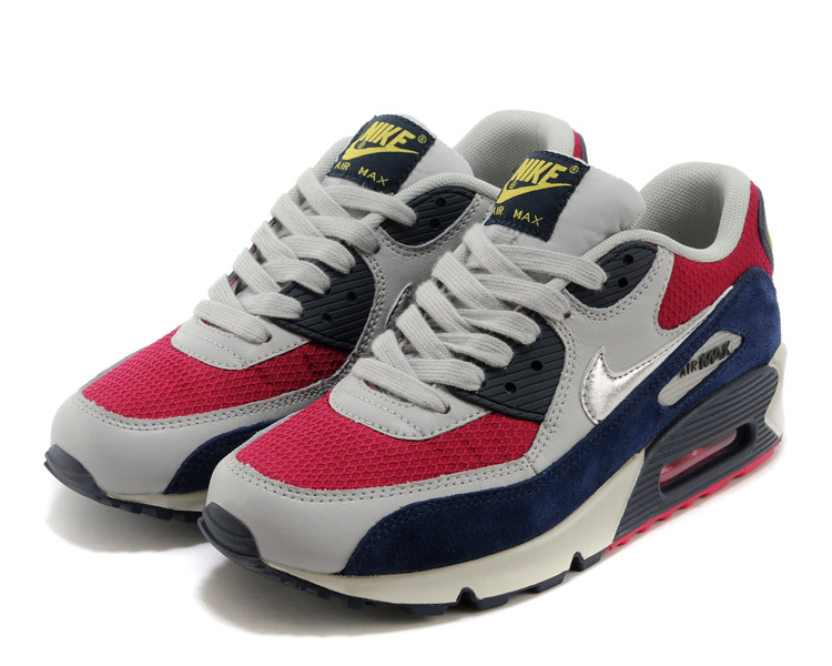 Nike Air Max 90 Women Grey Red Blue Black Shoes - Click Image to Close