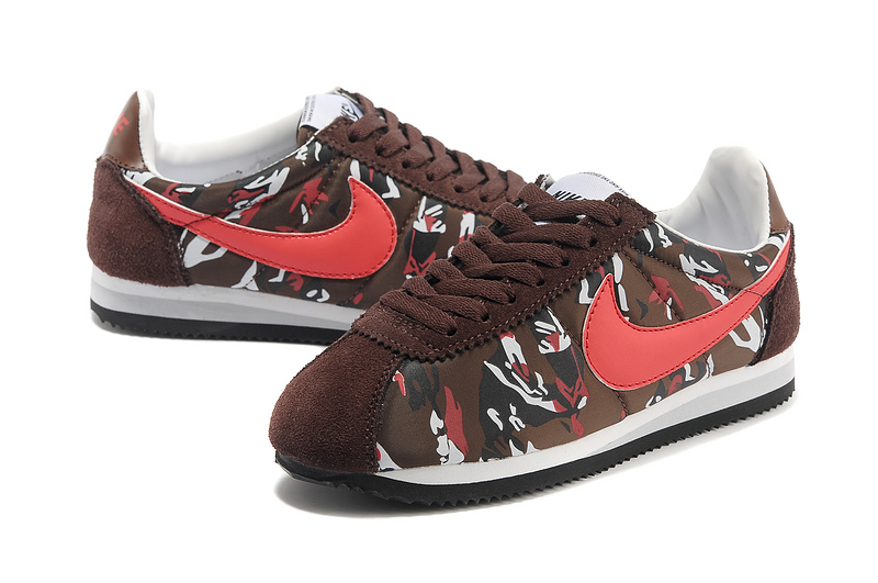 Women Nike Classic Cortez Nylon PRM Brown Red White Shoes - Click Image to Close