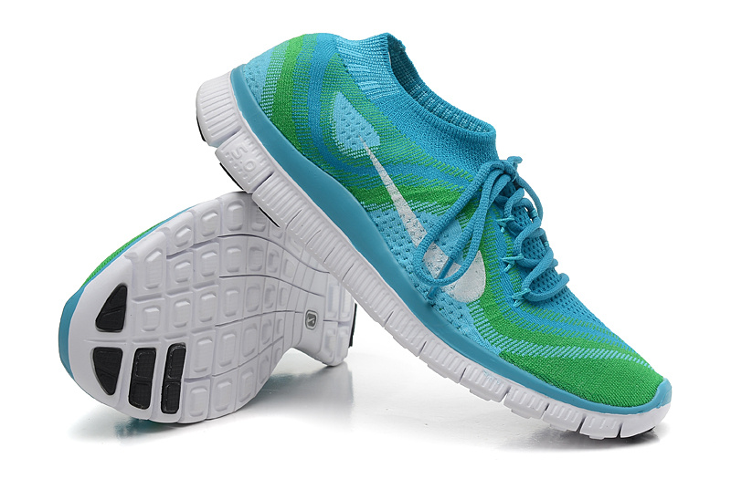 Nike Free 5.0 Flyknit Blue Green White Running Shoes - Click Image to Close