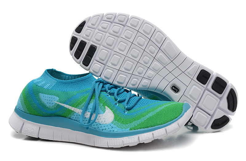 Nike Free 5.0 Flyknit Blue Green White Running Shoes - Click Image to Close