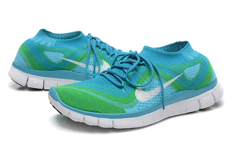 Nike Free 5.0 Flyknit Blue Green White Running Shoes - Click Image to Close