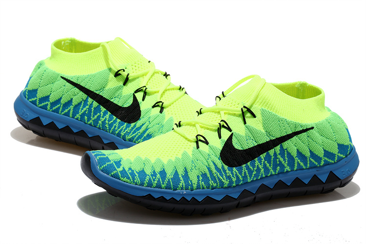 Nike Free 5.0 Flyknit Fluorescent Green Blue Black Running Shoes - Click Image to Close