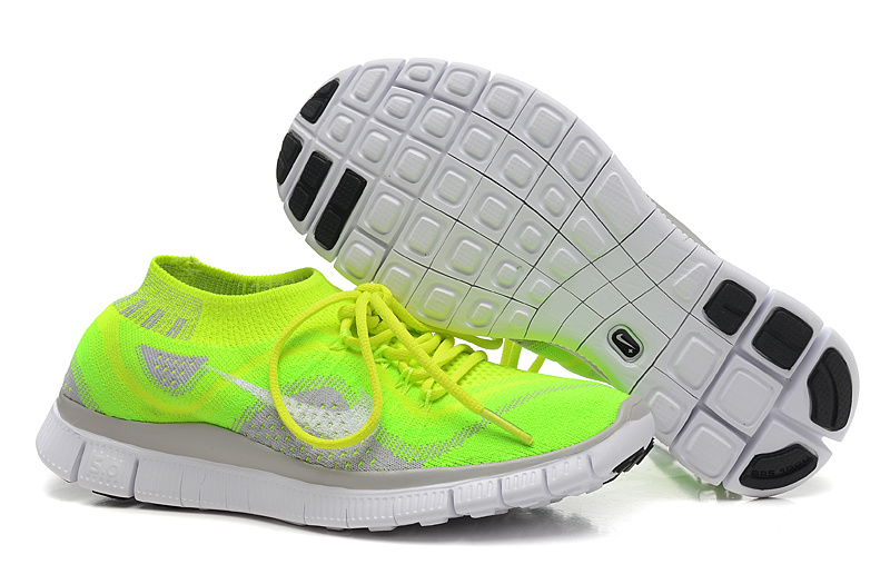 Nike Free 5.0 Flyknit Fluorescent Green Grey White Running Shoes - Click Image to Close