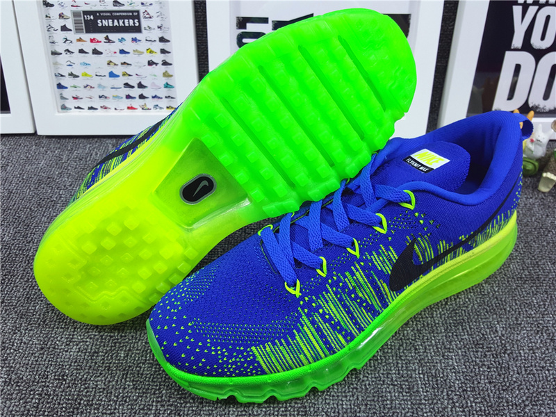Nike Flyknit Air Max 2014 Blue Fluorscent Green Black Shoes - Click Image to Close