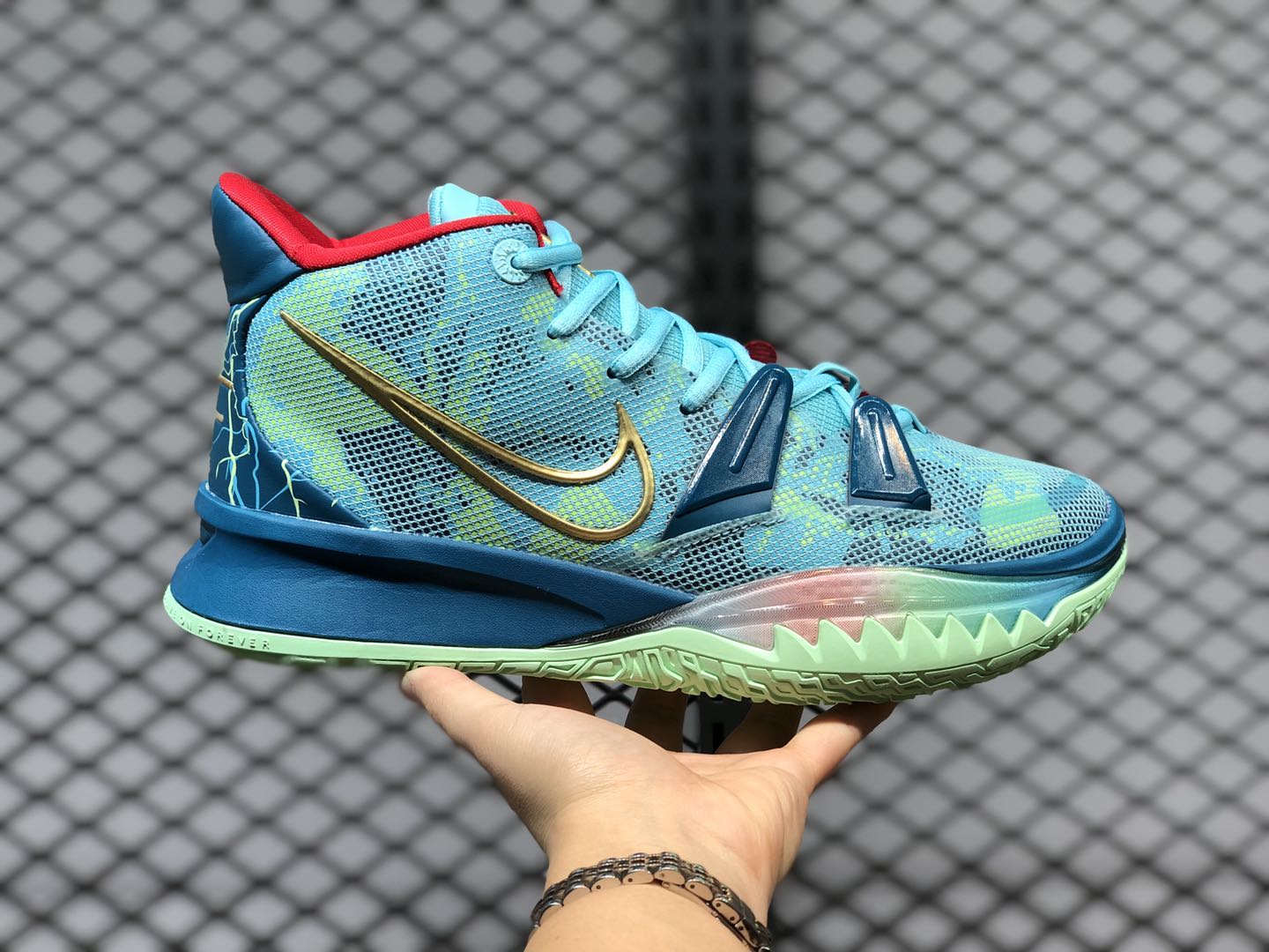 Nike Kyrie 7 Bleached Aqua Metallic Gold Green Abyss Shoes