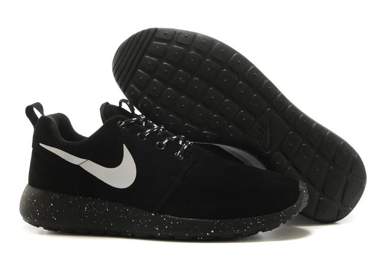 Nike Roshe Run All Black White Swoosh Shoes - Click Image to Close