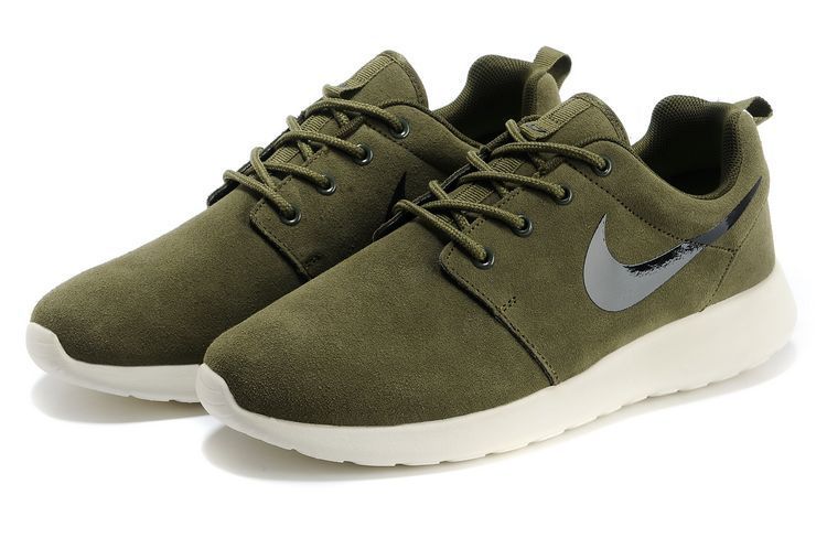 Nike Roshe Run Army Green White Black Swoosh Shoes - Click Image to Close
