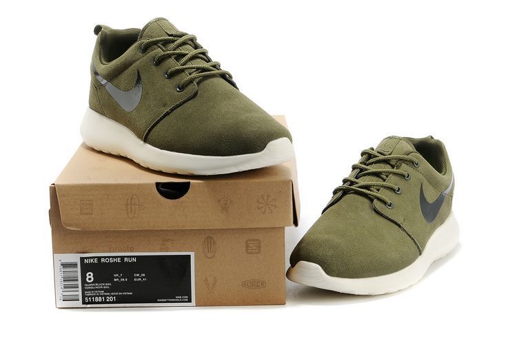 Nike Roshe Run Army Green White Black Swoosh Shoes