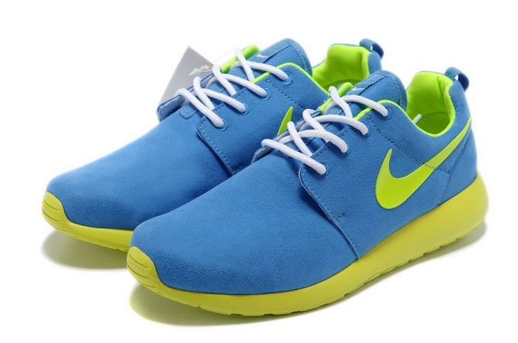 Nike Roshe Run Blue Fluorescent Green Swoosh Shoes - Click Image to Close