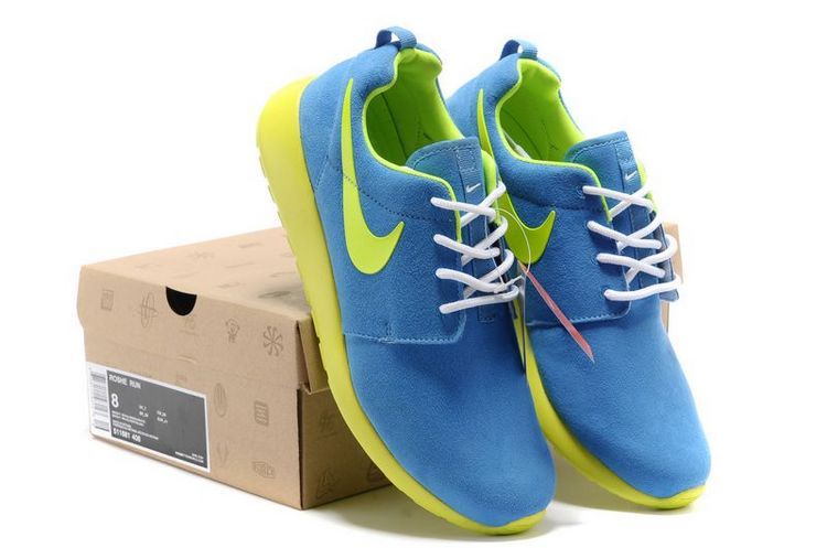 Nike Roshe Run Blue Fluorescent Green Swoosh Shoes - Click Image to Close