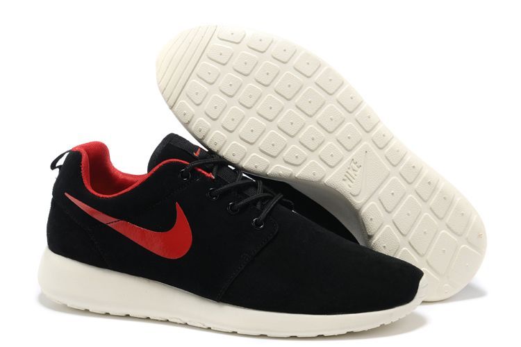 Nike Roshe Run Dark Black White Red Swoosh Shoes
