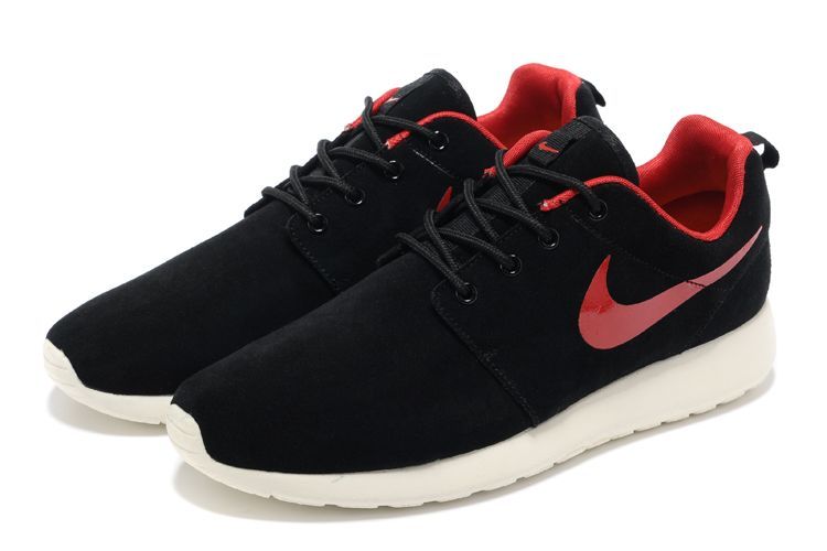 Nike Roshe Run Dark Black White Red Swoosh Shoes