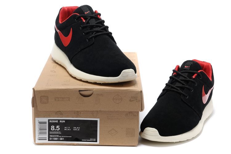 Nike Roshe Run Dark Black White Red Swoosh Shoes - Click Image to Close