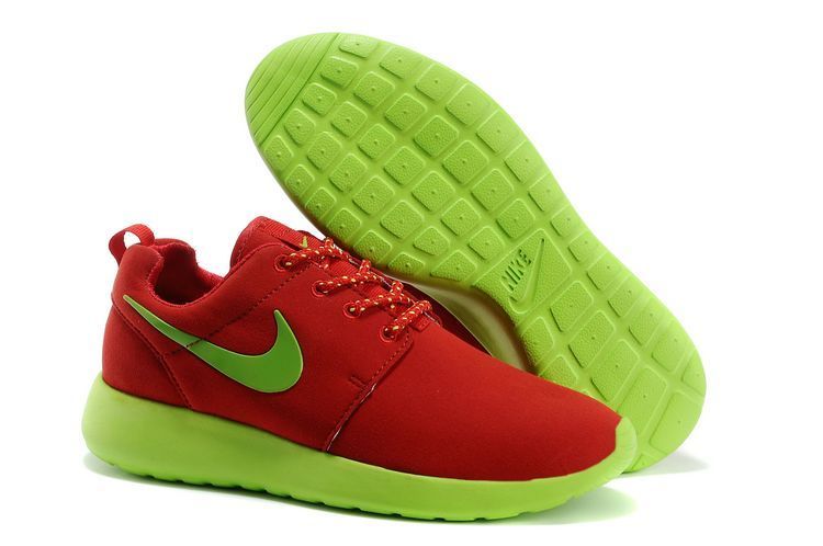 Nike Roshe Run Dark Red Fluorescent Green Swoosh Shoes