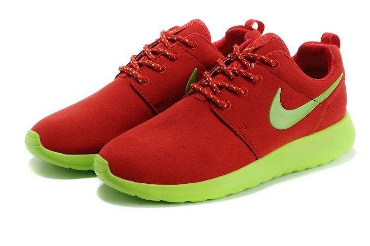 Nike Roshe Run Dark Red Fluorescent Green Swoosh Shoes - Click Image to Close