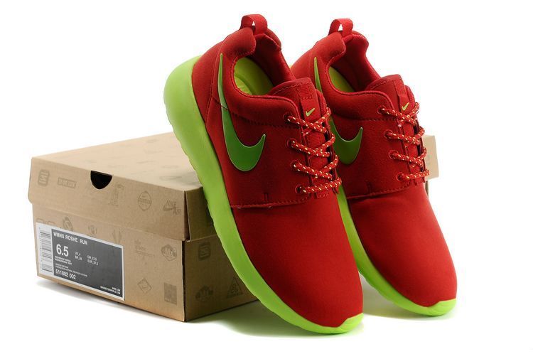 Nike Roshe Run Dark Red Fluorescent Green Swoosh Shoes - Click Image to Close