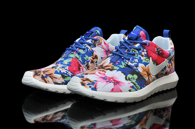 Nike Roshe Run Follower Print White Blue Red Shoes For Women - Click Image to Close