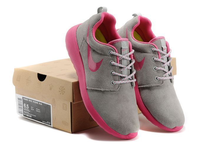 Nike Roshe Run Grey Pink Swoosh Shoes - Click Image to Close