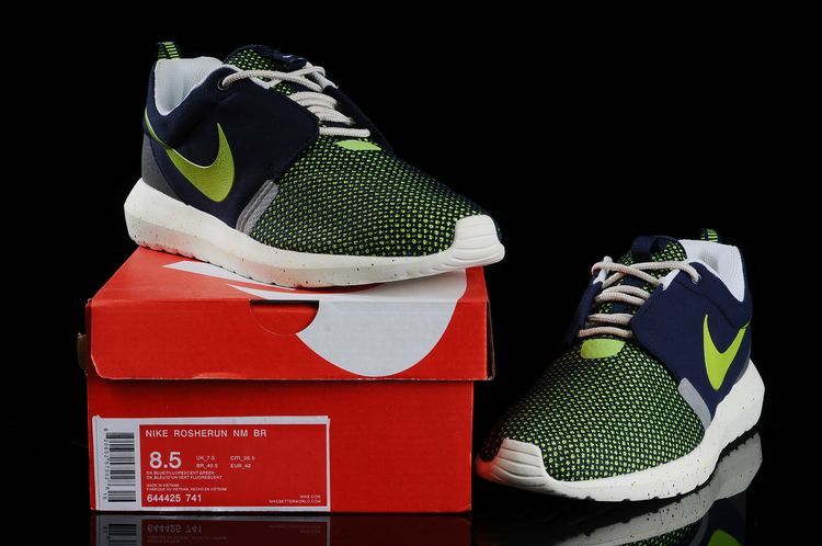 Nike Roshe Run NM BR 3M Dark Blue Fluorescent Green White Shoes - Click Image to Close