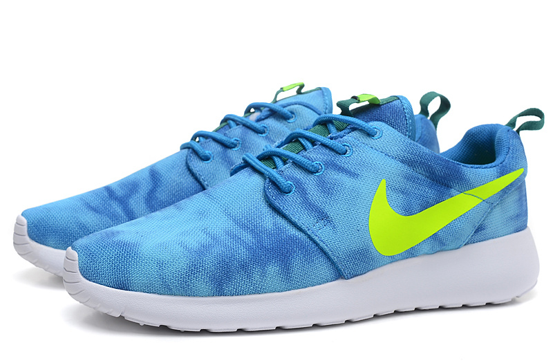 Nike Roshe Run Pattern Blue Green White Shoes - Click Image to Close