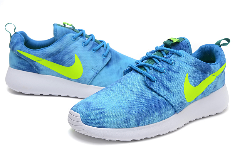 Nike Roshe Run Pattern Blue Green White Shoes - Click Image to Close