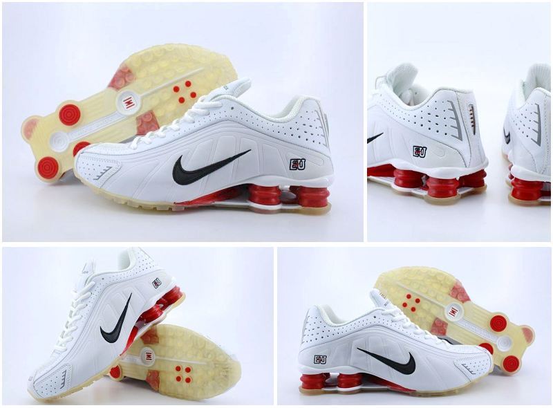 Men's Nike Shox R4 All White Red Transparent Sole Shoes - Click Image to Close