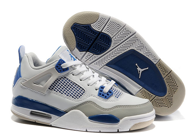 Women Air Jordan 4 Retro White Military Blue Neutral Grey - Click Image to Close