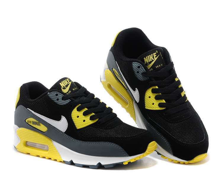 Women's Nike Air Max 90 Black Grey Yellow Shoes - Click Image to Close