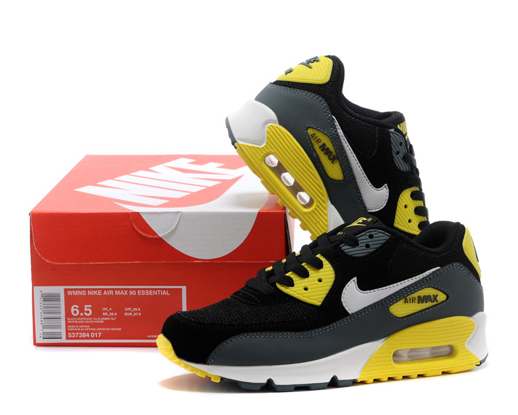 Women's Nike Air Max 90 Black Grey Yellow Shoes