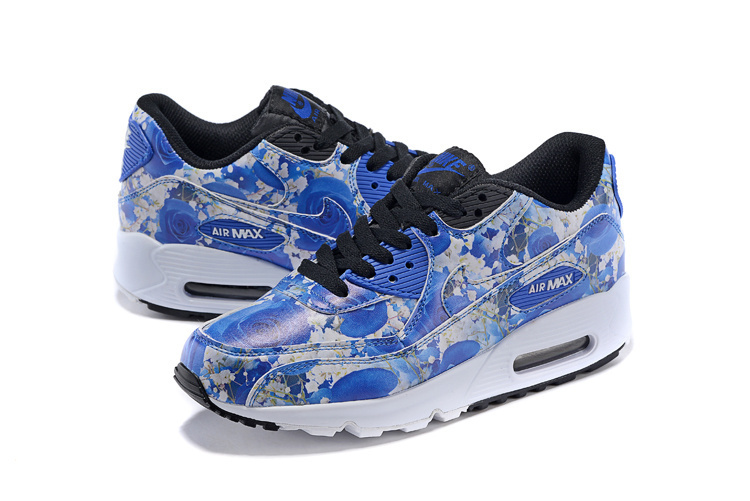 Women Nike Air Max 90 Follower Print Blue White Black Shoes - Click Image to Close