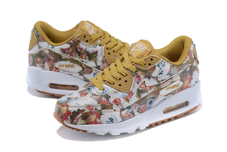 Women Nike Air Max 90 Follower Print Yellow White Shoes - Click Image to Close