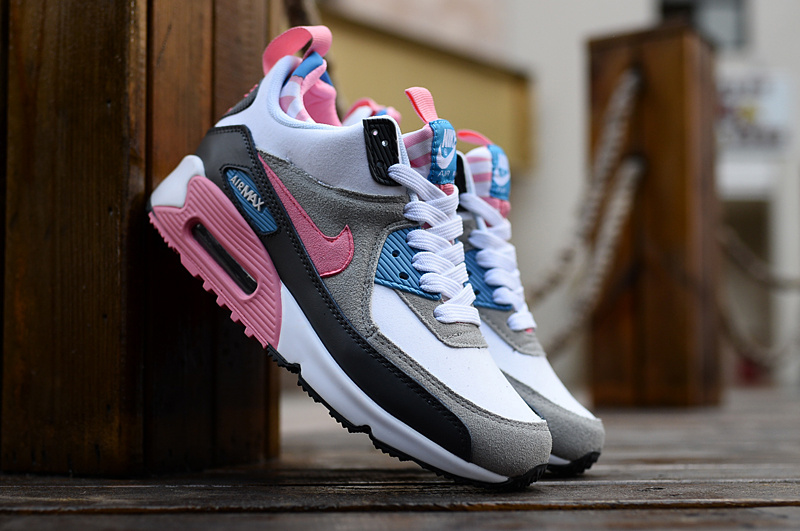 Women Nike Air Max 90 High Pink Grey Black White Shoes - Click Image to Close