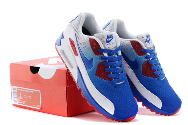 Women's Nike Air Max 90 Knit Blue Red White Shoes - Click Image to Close