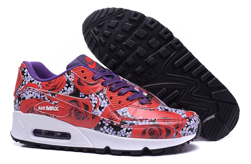 Women Nike Air Max 90 London Red Purple White Rose Print Shoes - Click Image to Close